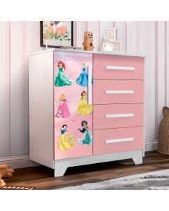 Cômoda Infantil Personagens Princesas 4 Gavetas 1 Porta Mdf - Rosa