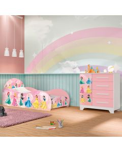 Jogo de Quarto Infantil - Cama e Comoda Carro Personagens - Rosa