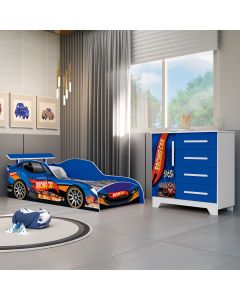 Jogo de Quarto Infantil - Cama e Comoda Carro Personagens - Azul