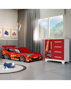 Jogo de Quarto Infantil - Cama e Comoda Carro Personagens - Vermelho