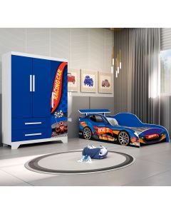 Jogo de Quarto Infantil - Cama Guarda Roupa Carro e Colchão - Azul