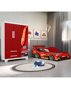 Conjunto Quarto Infantil Carros - Cama Proteção Lateral Colchão E Roupeiro Mdf - Vermelho